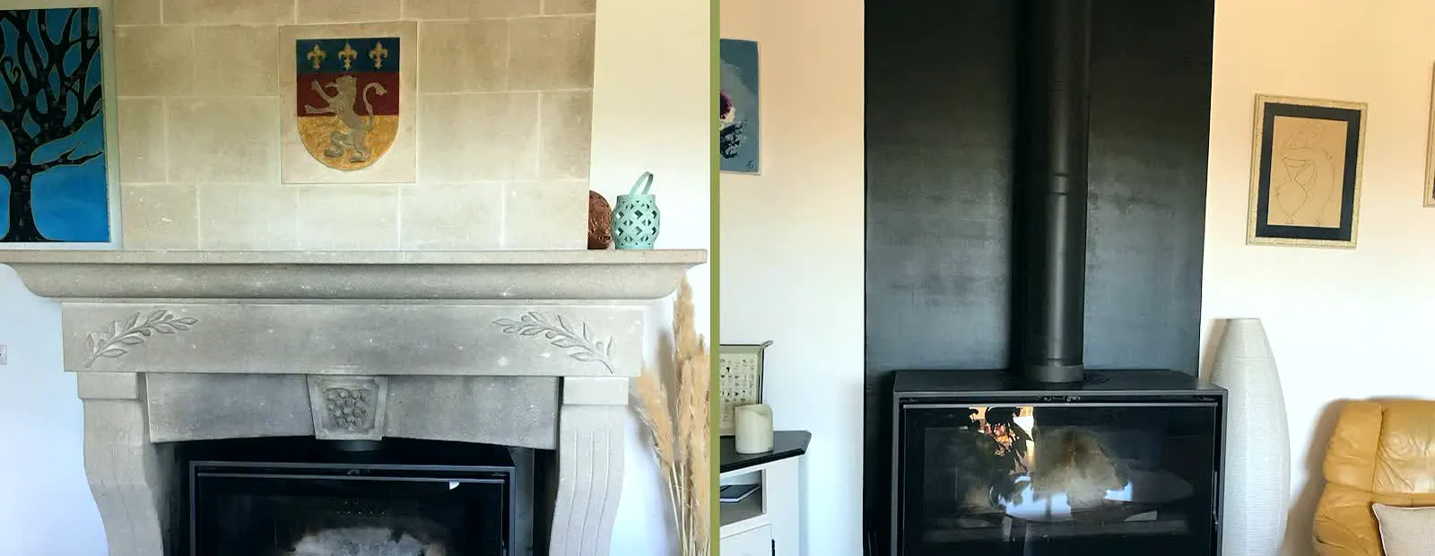 Cheminée en pierre sculptée avec insert à bois